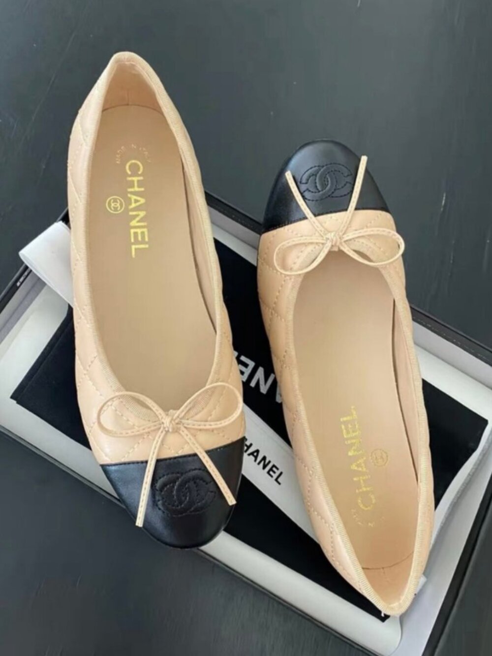 CHANEL Beige & Black Round Toe Ballet Flats